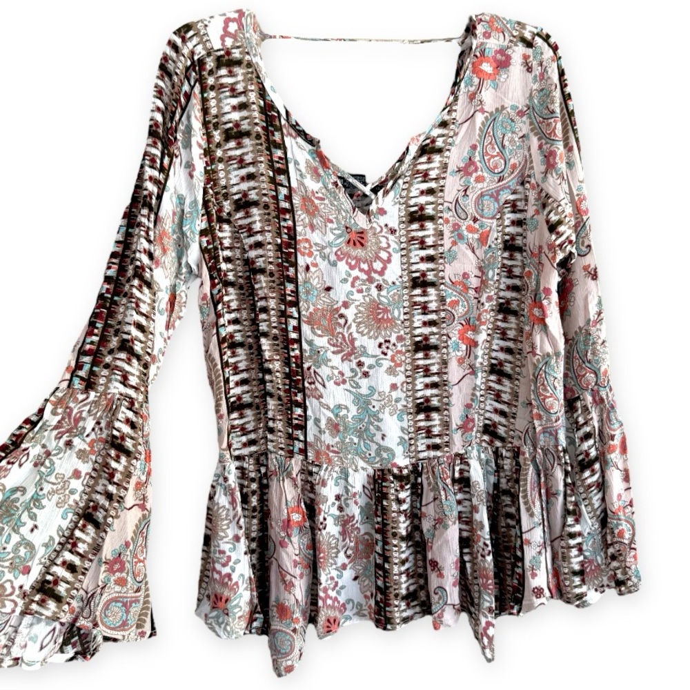 NWOT 90s & Y2K Miss Chievous Pink and Brown Asymmetrical Ruffled Blouse